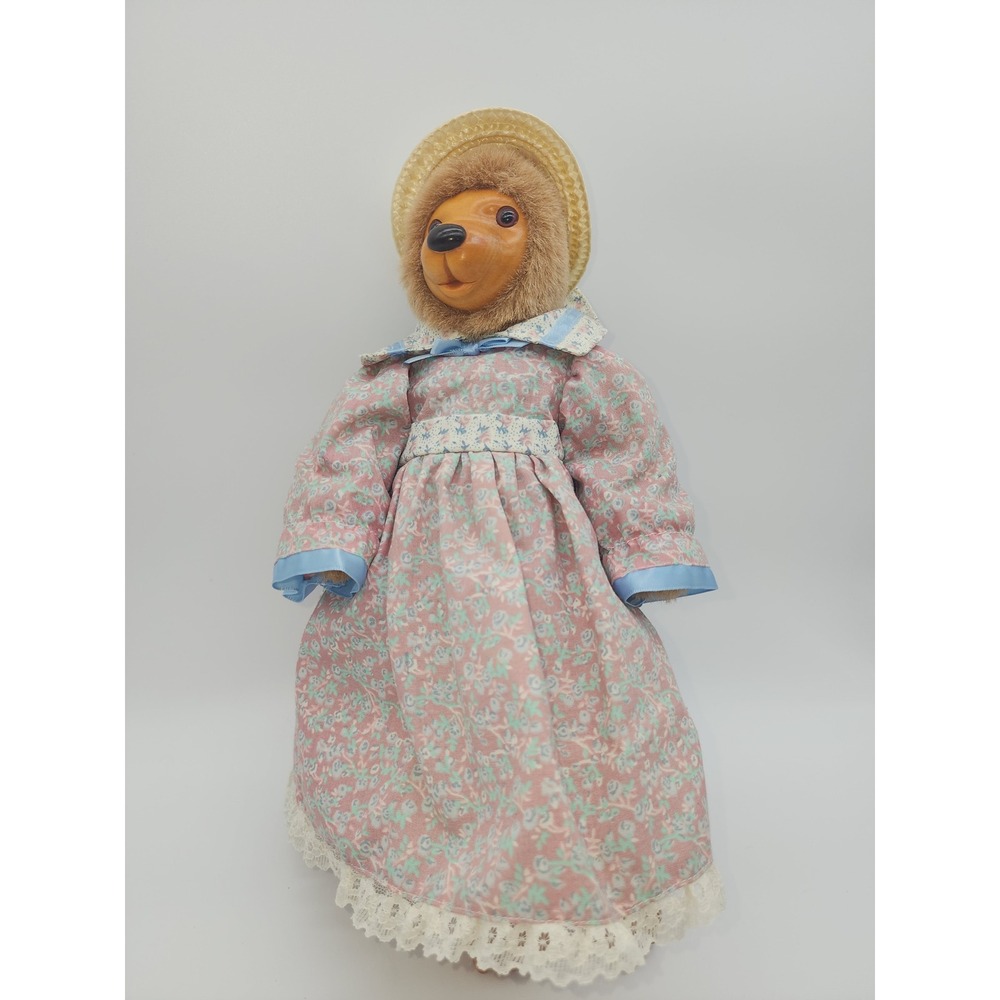Robert Raikes Wooden Face Bear Limited Edition 3331/10000 Pink Floral Dress 14"